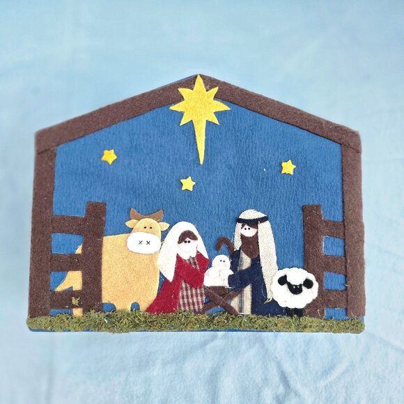 2004 Nativity Box Handmade Creche /Felted MANGER  Polymer Clay Figure/Ornaments - Picture 1 of 12